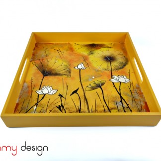 Yellow square lacquer tray hand-painted with lotus pond 30 cm